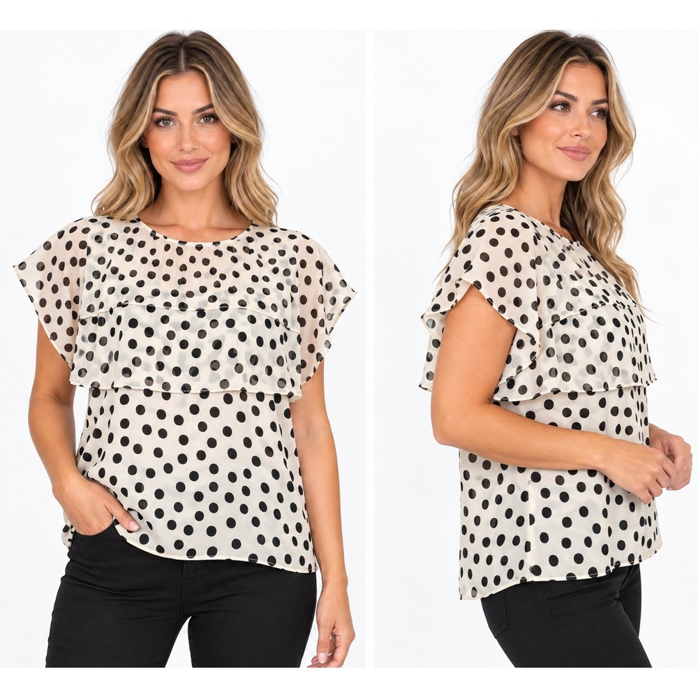 Zac & Rachel Womens Polka Dot Ruffle Tiered Blouse Cream Black XL 3585